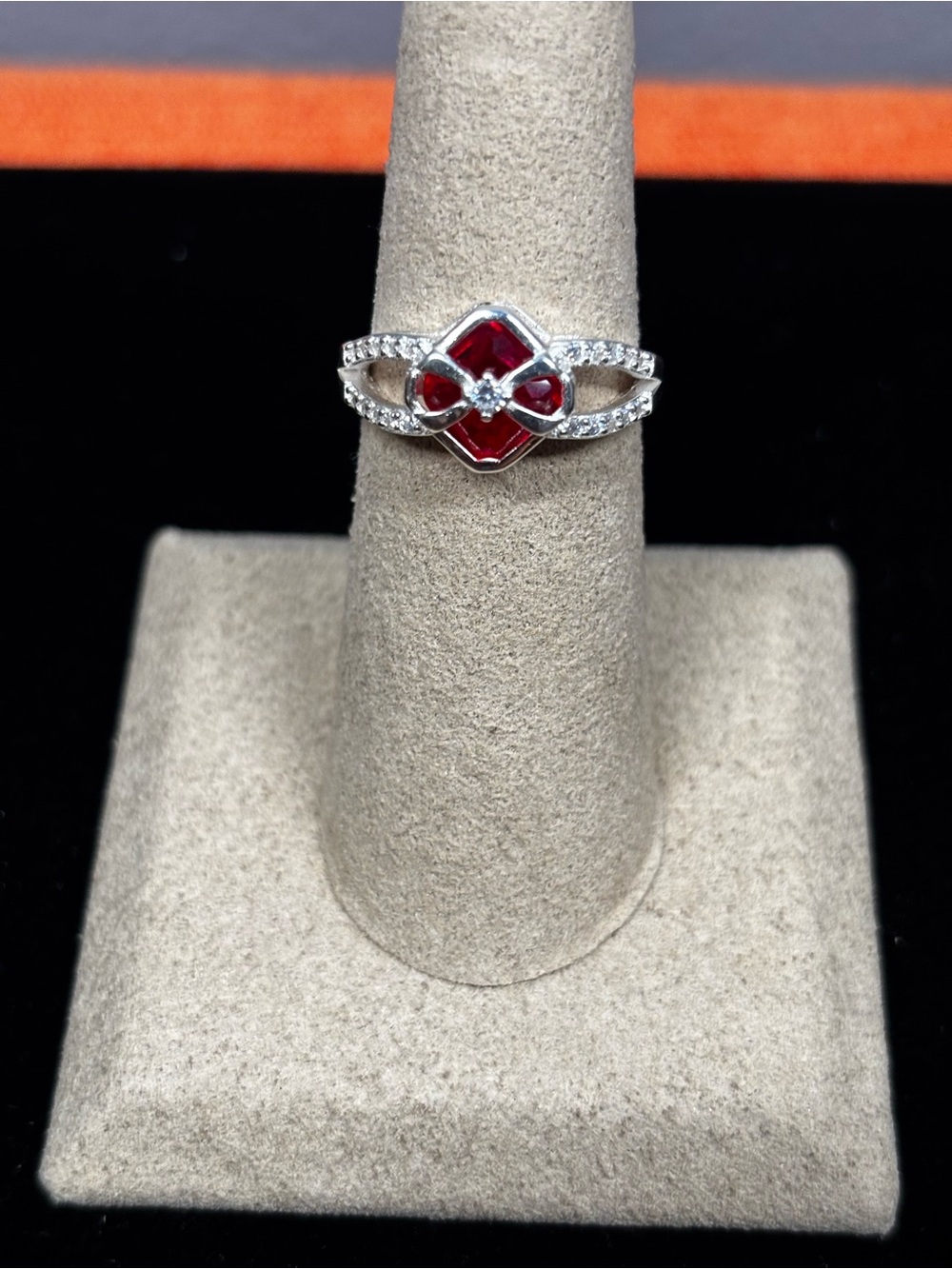 925 Sterling Silver Red CZ Ring with Pavé Accents
